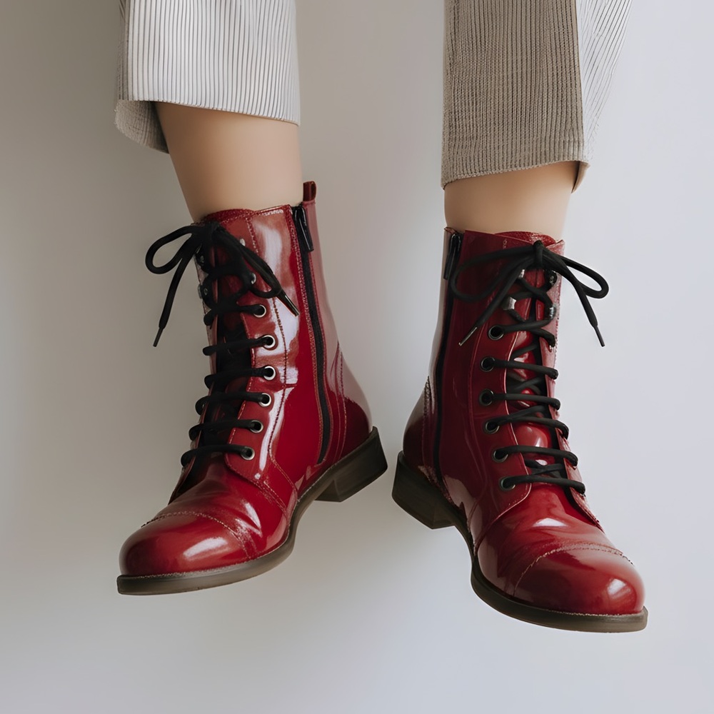 Unity In Diversity Red Patent Combat Boots